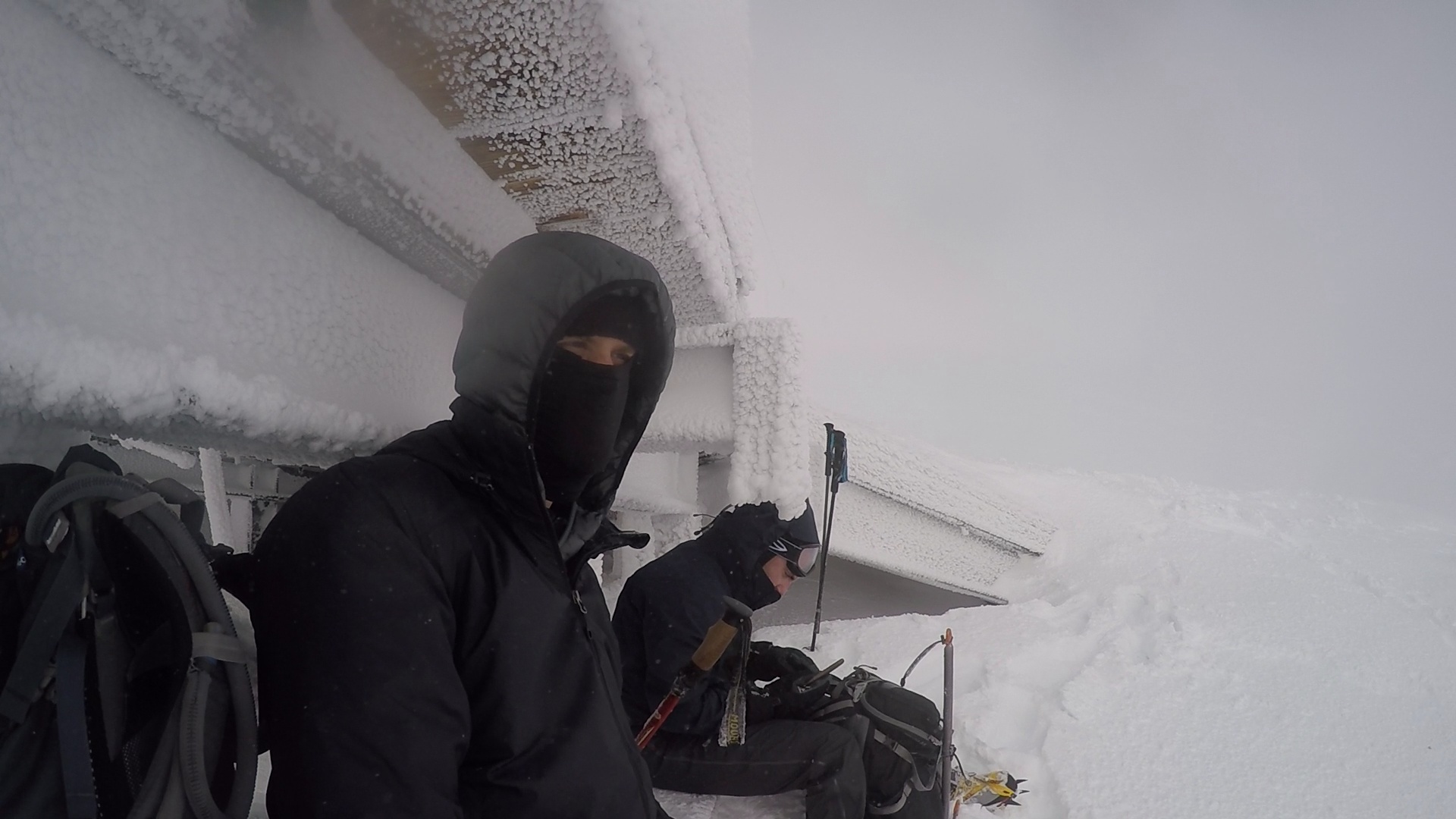 Photo taken December 2015 - We picked a day to hike to the end of Palmer Snowfield with low visibility and high winds to get a sense of what relatively bad conditions might feel like.