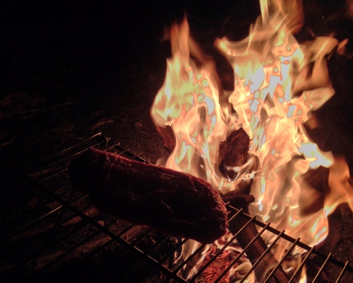 Rib eye steak over an open campfire.