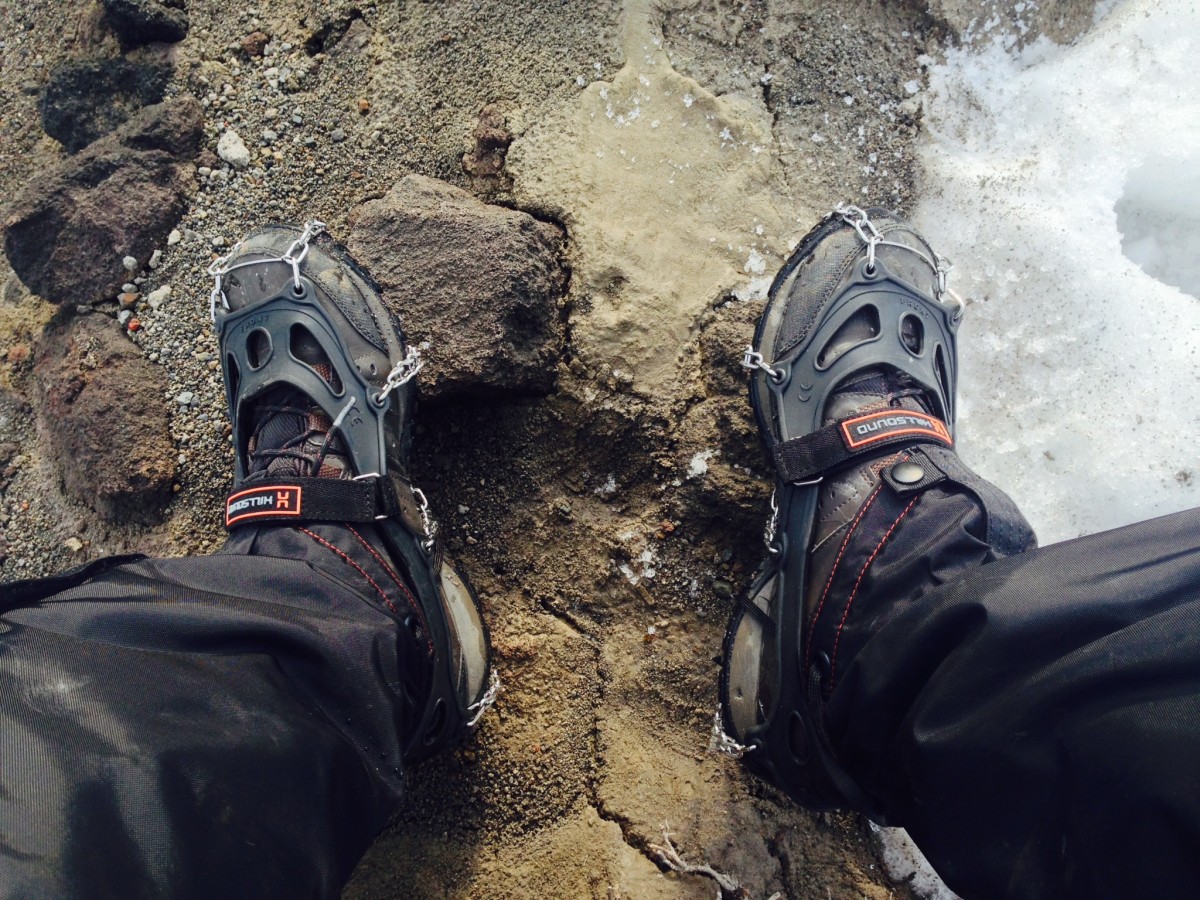 HillSound shoe spikes on Columbia boots with Mountain Hardwear gaiters.
