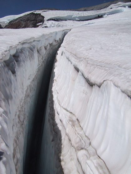 Crevasses of this size are not typically found on the south side route, but here is a picture of the Mazama Glacier crevasse located just to the east. - Photo courtesy of SomeGeek@imgur