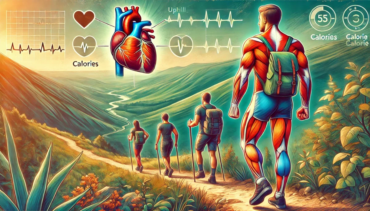 An artistic and vibrant illustration of hikers on a mountain trail, showcasing uphill and downhill terrain. The image highlights muscle groups engaged