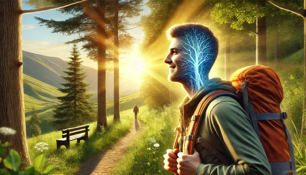 A serene and inspirational depiction of hiking that illustrates mental well-being benefits. A person is hiking through a lush forest trail with soften