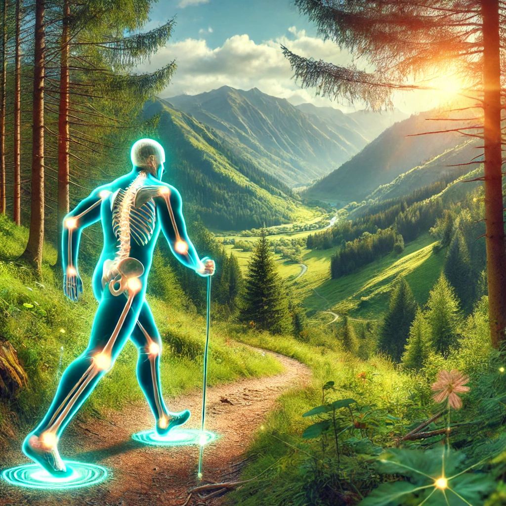 An artistic representation of hiking as a healthful activity. A vibrant scene of a person hiking on a soft dirt trail surrounded by lush green forest