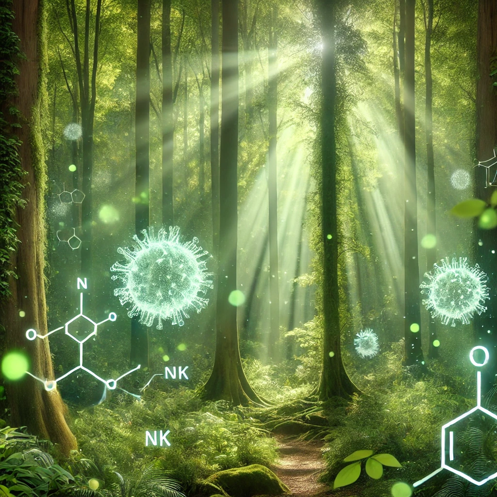 A serene forest scene that visually represents the concept of health and immunity. The image features tall, lush green trees emitting a soft, glowing