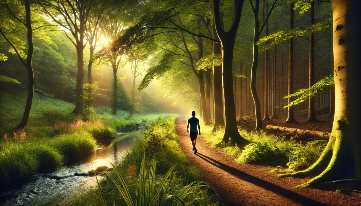 A serene forest hiking trail during the golden hour, with a person walking mindfully along the path. The scene captures a sense of calm and mindfulnes