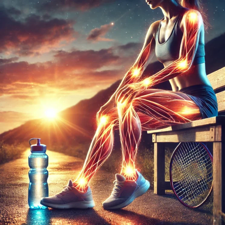 A symbolic representation of muscle recovery after running. The image features a runner resting on a bench with glowing energy lines flowing through t