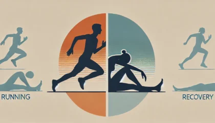 A minimalist illustration depicting the balance between running and recovery. On one side, a silhouette of a runner in motion, and on the other, the s