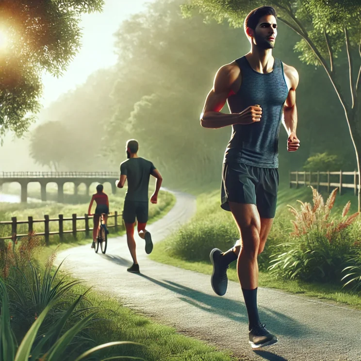 A realistic image of a fit athlete engaging in active recovery after a long run. The athlete is jogging lightly on a scenic path with lush greenery in