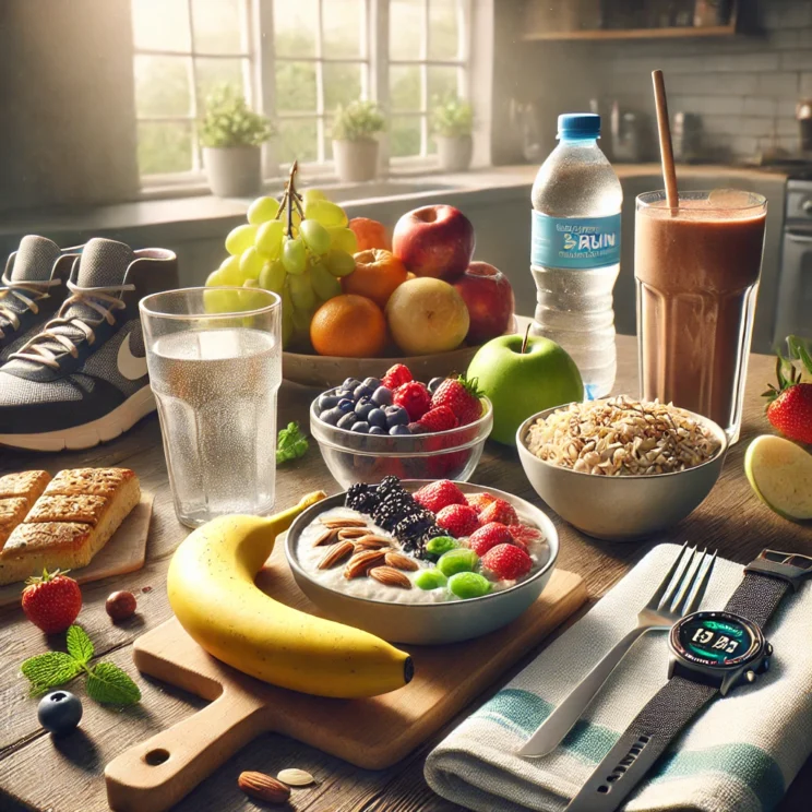 A realistic and detailed image symbolizing optimal nutrition for runners, without shoes or unnecessary silverware. The scene includes two sections_ Pr