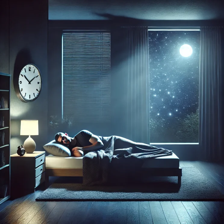 A realistic, serene bedroom at night, symbolizing deep sleep and recovery. A fit athlete peacefully sleeps on a comfortable bed in a dark, cool, and u