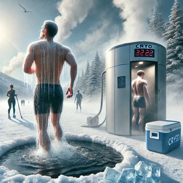 A realistic depiction of cold water immersion (CWI) and cryotherapy for runners. The image features an athlete emerging from an ice bath in an outdoor