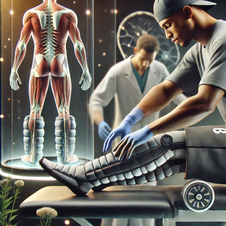 A visually realistic representation of sports recovery techniques. The image features a close-up of an athlete receiving a professional sports massage