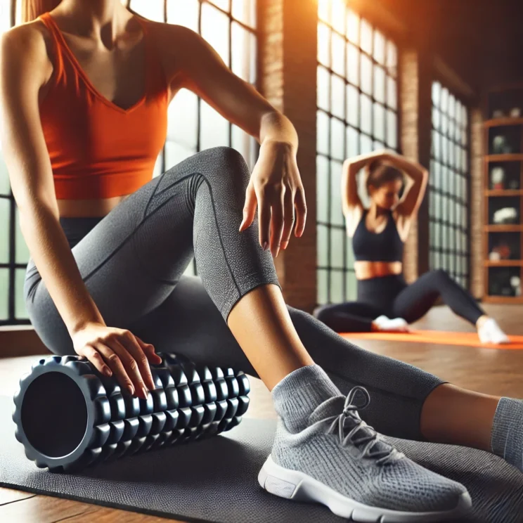 A realistic image of a person using a foam roller on their legs in a well-lit gym or home workout space. The individual is sitting on a yoga mat, appl