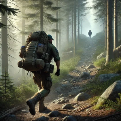 A realistic digital painting of a person rucking through a rugged forest trail. The individual is wearing a heavy backpack with visible straps and pou