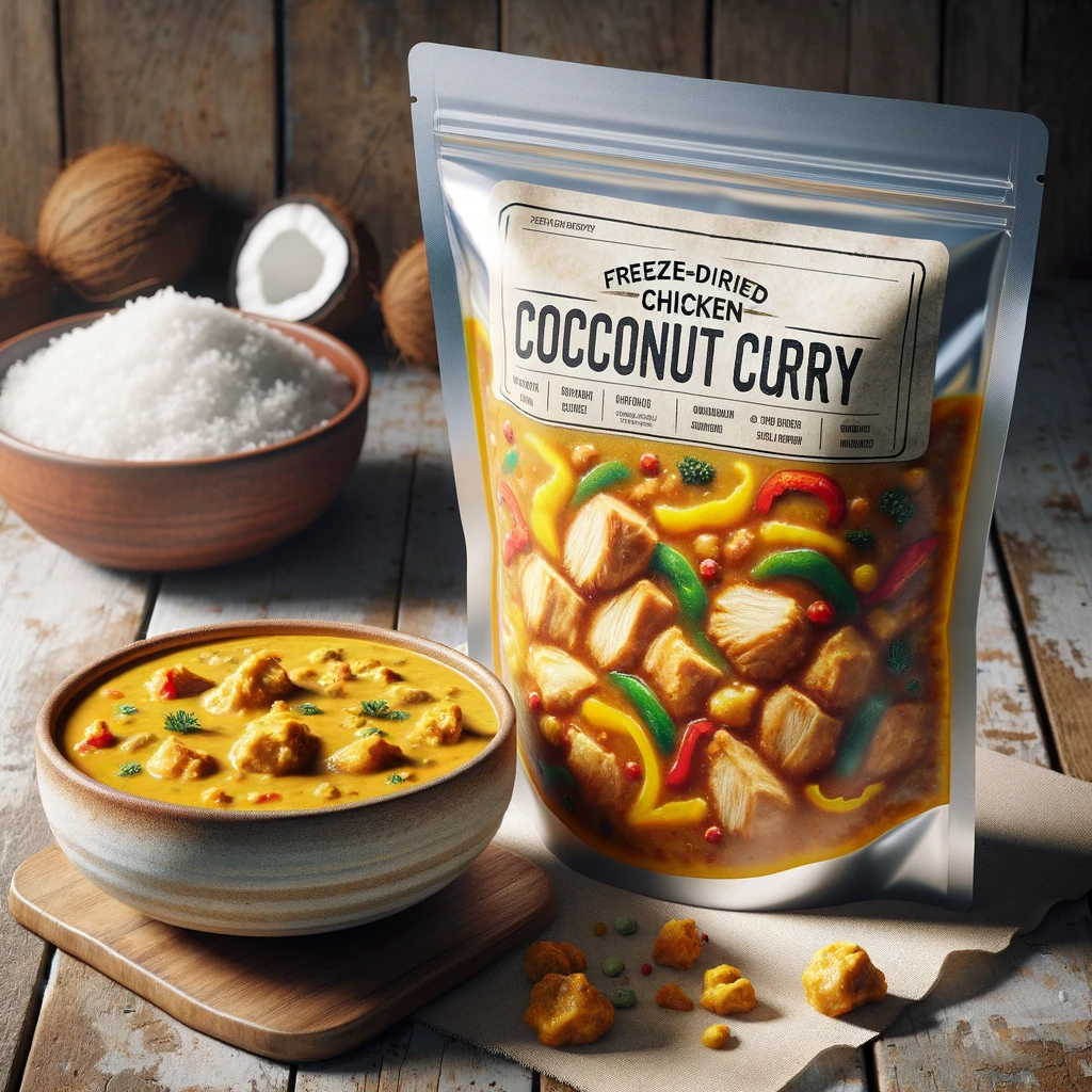 A-highly-realistic-image-of-freeze-dried-chicken-coconut-curry-in-a-vacuum-sealed-transparent-Mylar-bag-with-a-detailed-label-reading-Freeze-Dried-C.