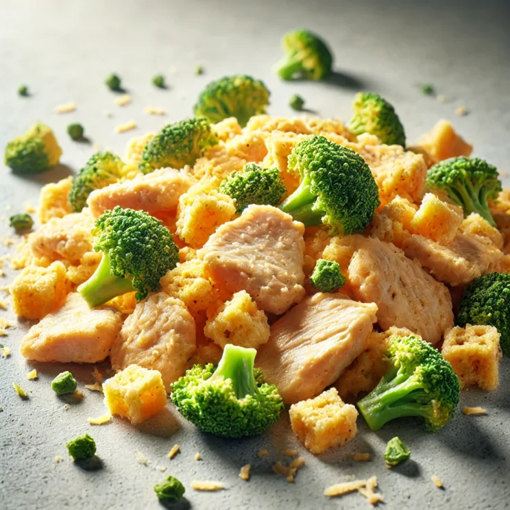 A-professional-and-realistic-image-of-freeze-dried-Cheesy-Chicken-Broccoli.-The-dish-is-displayed-on-a-clean-neutral-toned-surface-showcasing-its-