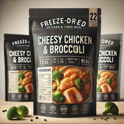 A-highly-professional-and-realistic-image-of-a-freeze-dried-Cheesy-Chicken-Broccoli-meal-in-premium-packaging.-The-package-is-a-resealable-matte-fi