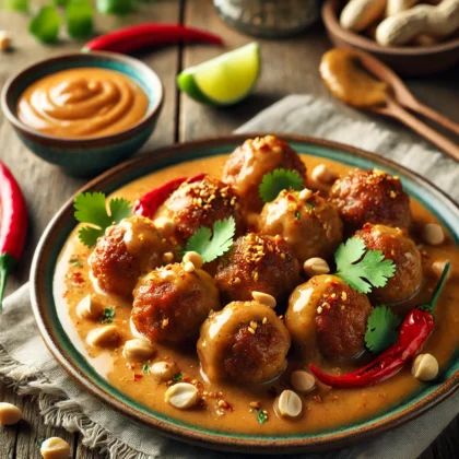 A-plate-of-Thai-meatballs-covered-in-a-rich-creamy-peanut-sauce-garnished-with-chopped-peanuts-fresh-cilantro-and-red-chili-slices.-The-meatballs