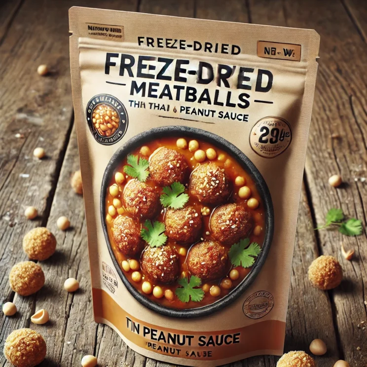 A-realistic-freeze-dried-food-package-featuring-freeze-dried-Thai-meatballs-in-peanut-sauce.-The-packaging-is-a-resealable-bag-with-a-transparent-wind