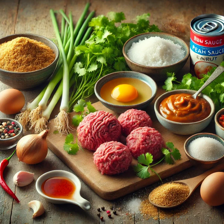 A-realistic-image-of-fresh-ingredients-for-making-Thai-style-meatballs-with-peanut-sauce.-The-image-includes-1-pound-of-ground-meat-chicken-beef-or