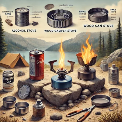 A visually engaging image summarizing DIY backpacking stoves. The scene features three different homemade stoves_ an alcohol stove made from soda cans