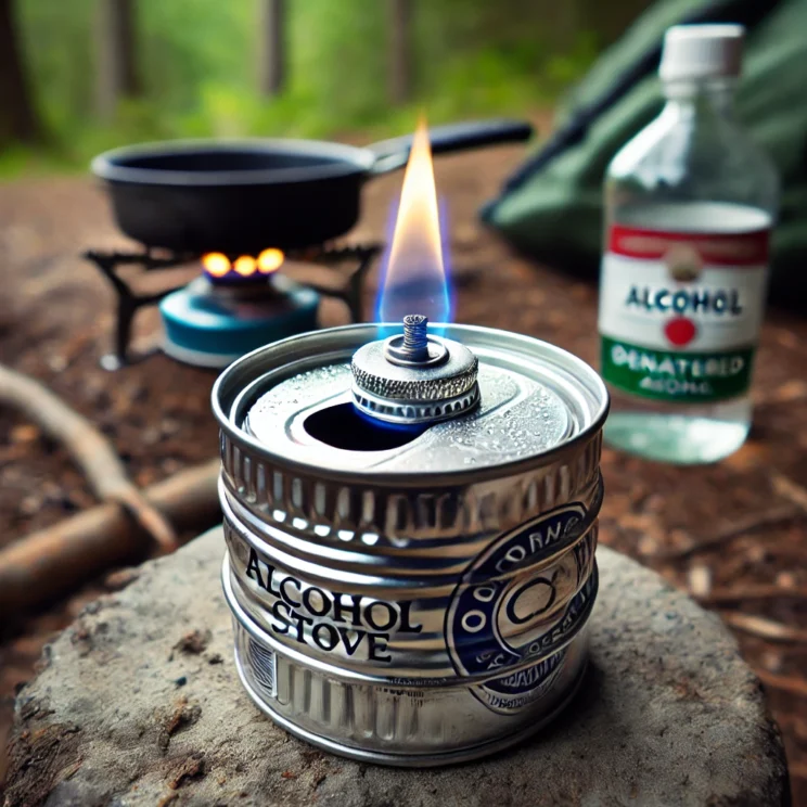 A realistic image of an alcohol stove made from aluminum cans. The stove is constructed from two soda can bottoms, with small fuel holes punched aroun