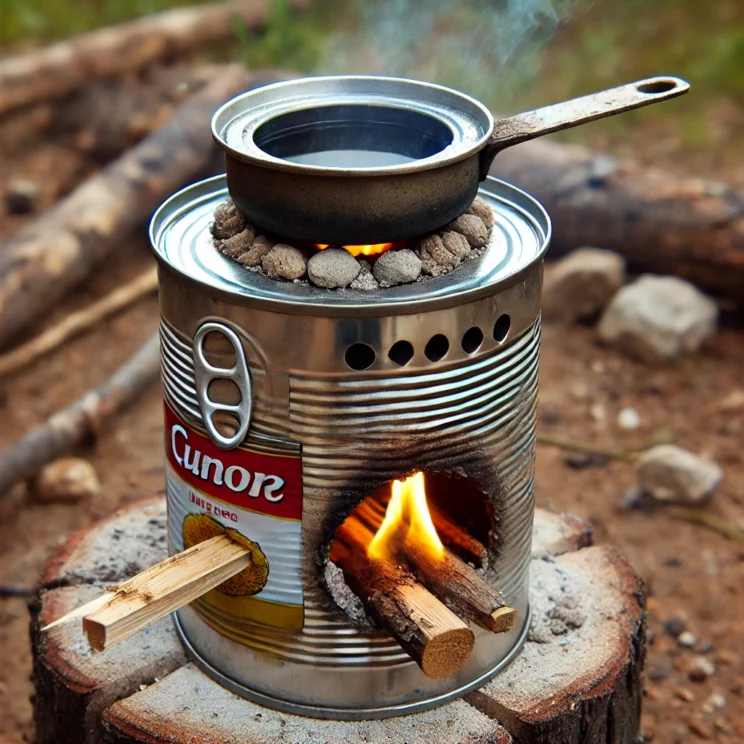 A realistic image of a homemade wood gasifier stove made from metal cans. The stove consists of a large soup can or coffee can with ventilation holes