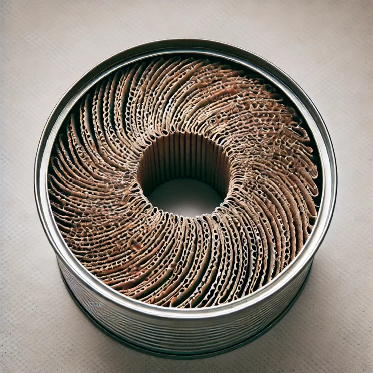 A top-down view of a DIY tuna can stove before being lit. The empty tuna can is filled with tightly coiled strips of corrugated cardboard, arranged in