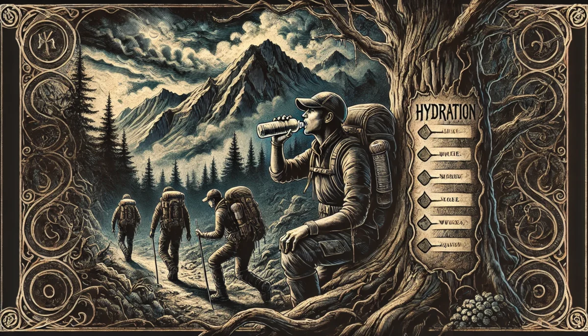 A gothic-style illustration of hikers trekking through a dark and eerie mountain trail. The environment features dramatic, misty peaks, twisted trees,