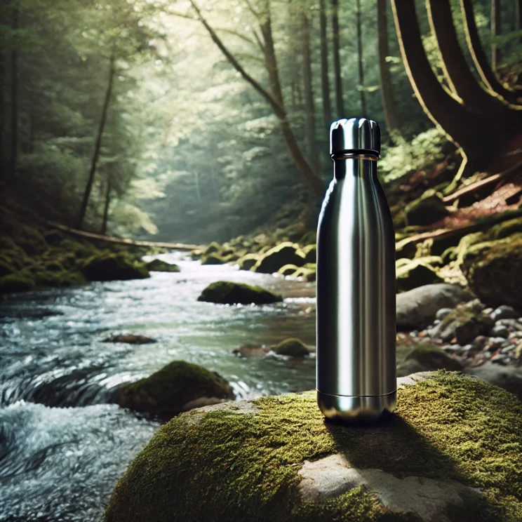 A modern stainless steel water bottle resting on a large rock by the bank of a gently flowing river in a lush forest. The bottle has a sleek, minimali