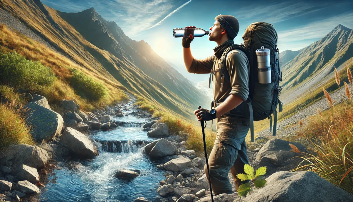 A realistic illustration of a hiker drinking water from a reusable bottle while backpacking through a scenic mountain trail. The hiker is dressed in o