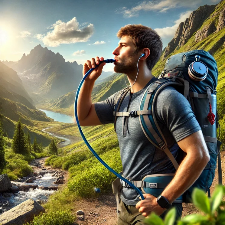 A realistic image of a hiker using a hydration bladder while trekking through a scenic mountain trail. The hiker is wearing a backpack with a visible