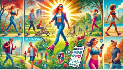 A vibrant and engaging digital illustration showcasing the benefits of walking. The image features a diverse group of people walking in a scenic outdo