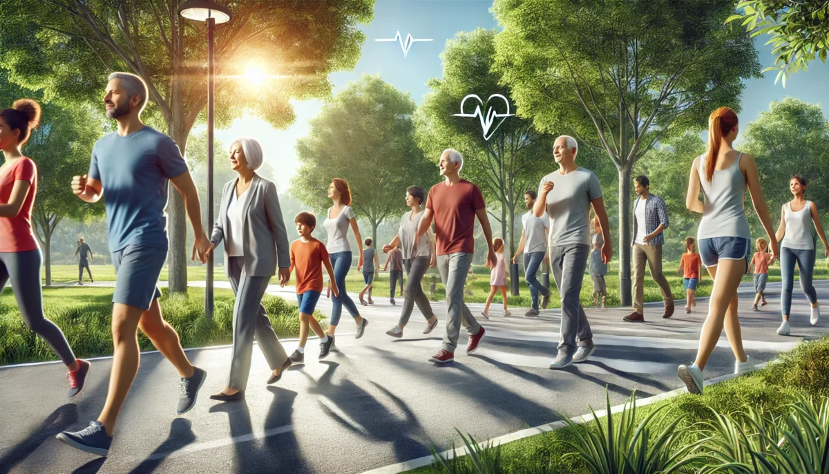 A realistic digital illustration of a diverse group of people walking outdoors in a park. The scene emphasizes health and well-being, showing individu