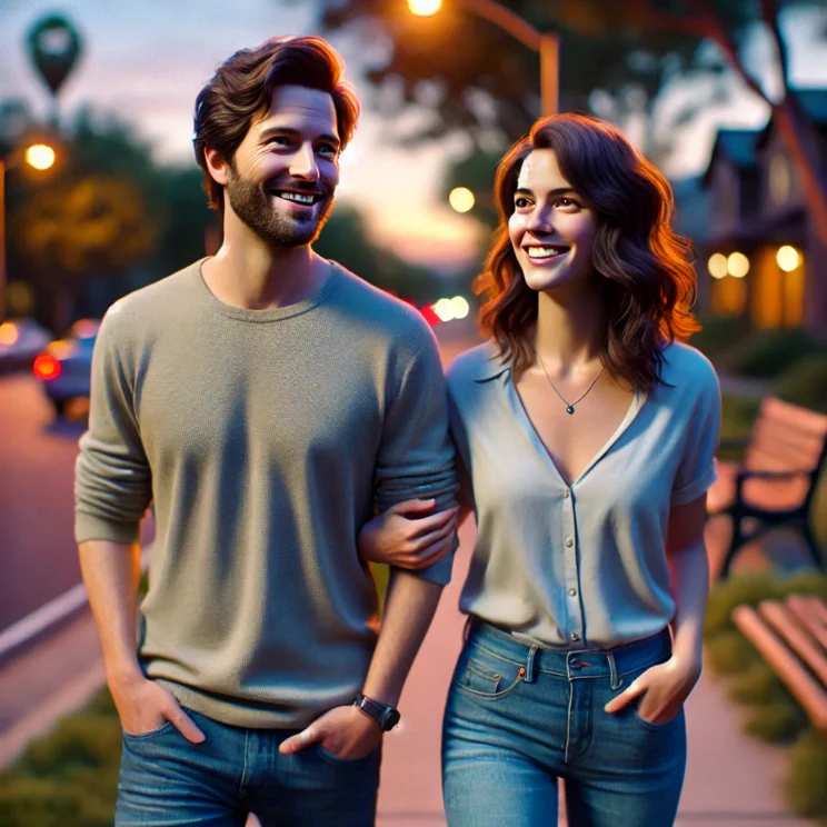 An ultra-realistic depiction of a couple taking a relaxed evening stroll in a quiet suburban neighborhood after dinner. They look completely at ease,