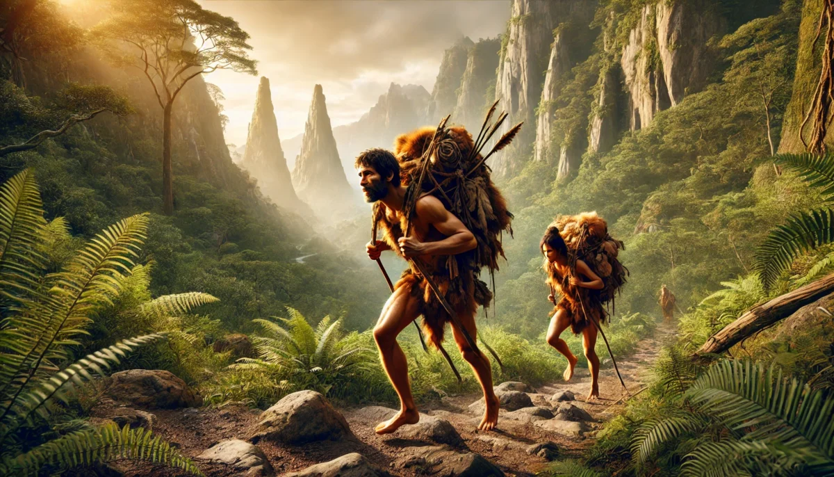 A highly realistic image of a prehistoric man and woman rucking through a rugged, natural landscape with dense forests and towering mountains. They ar