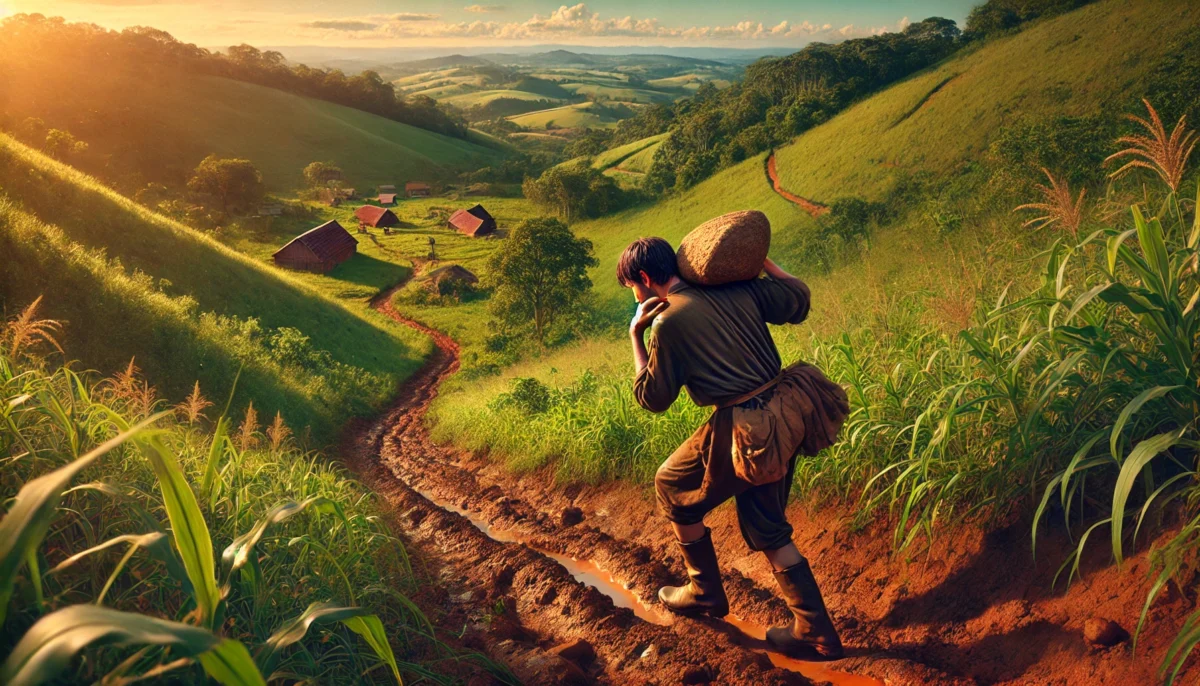 A realistic rural scene depicting a person climbing a steep hill while carrying a small rock. The setting features lush greenery, rolling countryside,