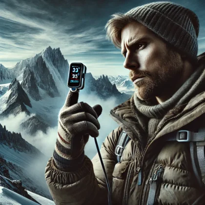 A dramatic high-altitude hiking scene with a climber wearing a rugged outdoor jacket, gloves, and a beanie, checking a pulse oximeter on their fingert