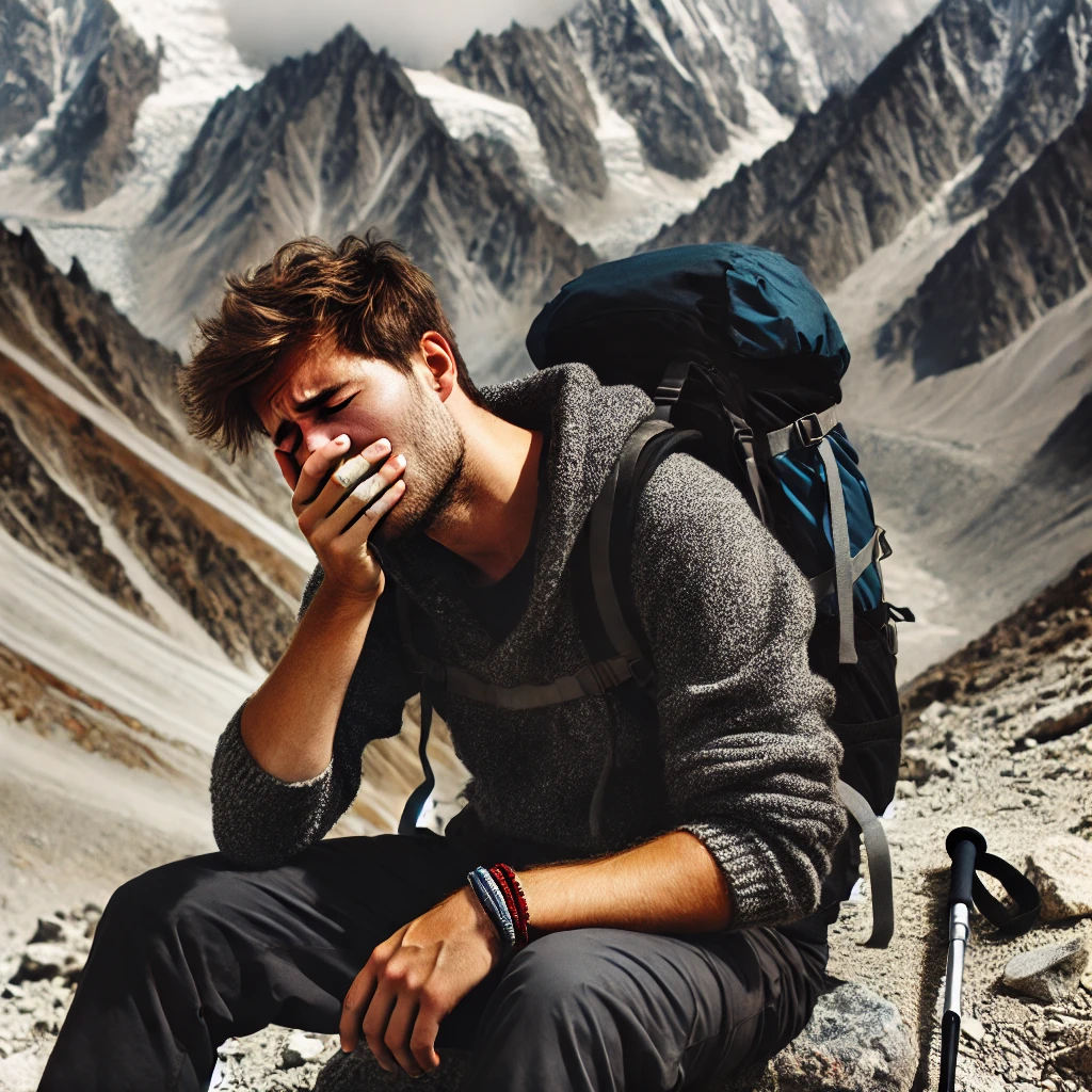 A hiker experiencing elevation sickness on a high-altitude mountain trail. The person appears dizzy and fatigued, holding their head with one hand whi