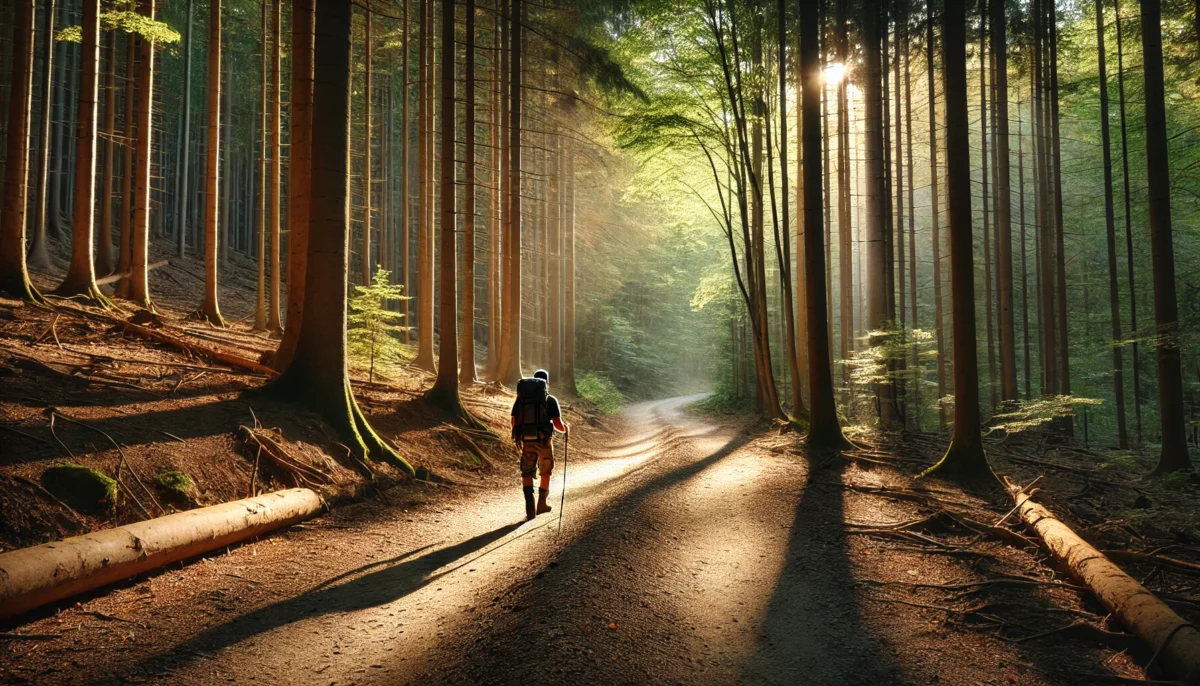 A wide, sunlit forest trail with tall trees lining both sides. The path is winding and covered with soft earth and scattered leaves. A solitary hiker,