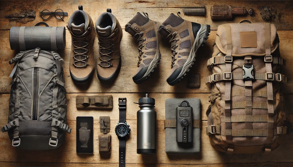 A stylish flat lay of modern hiking gear arranged neatly on a natural, textured surface. The composition includes sleek, high-performance hiking boots