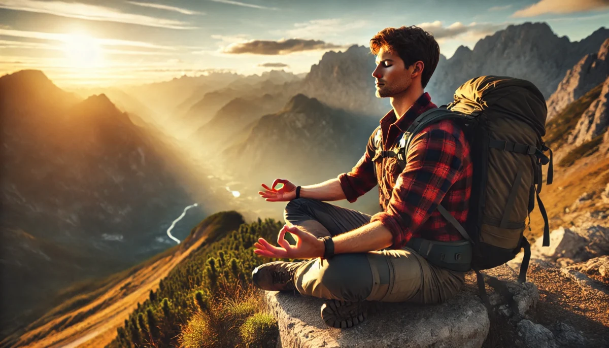 A close-up image of a hiker pausing on a scenic overlook, sitting on a rock and meditating. The hiker is dressed in outdoor gear, with a backpack rest