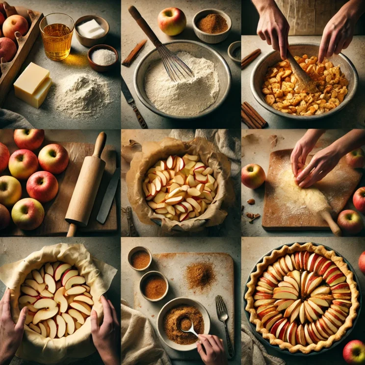 A step-by-step photographic series showing the preparation of a Dutch apple pie. The first image features ingredients like flour, butter, apples, cinn