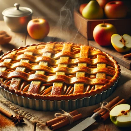 A freshly baked Dutch apple pie with a golden-brown lattice crust, filled with spiced apple slices and cinnamon. The pie sits on a rustic wooden table