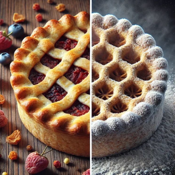 A side-by-side comparison of a freshly baked pie and its freeze-dried version. The left side shows a warm, golden-brown pie with a flaky crust and a r